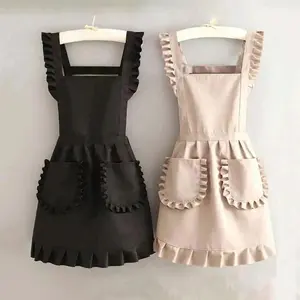 Fashion Korean Apron, Princess Style Waterproof Canvas Apron with Pockets, Polyester Material, Simple Thick Waist Apron