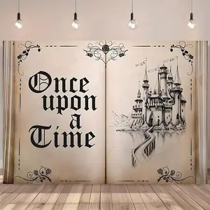 Enchanted Storybook Castle Large Background Banner Whimsical Fairy Tale Illustration "Upon a Time" Text Ideal for Magical Celebrations Photo Booths Birthdays