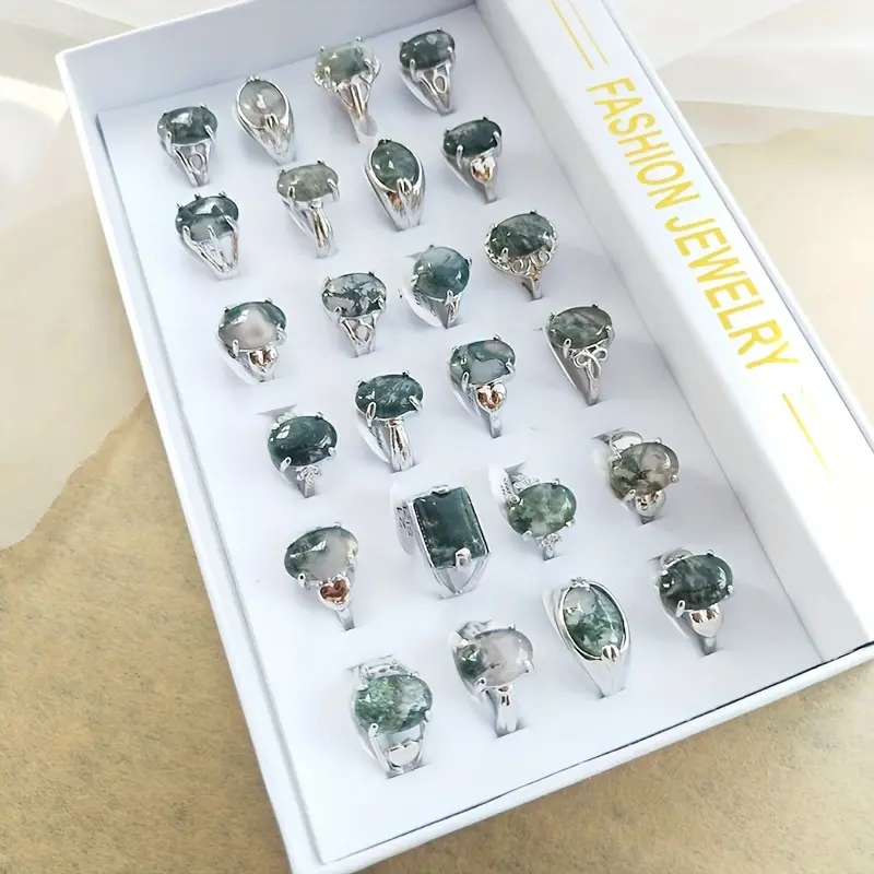 24pcs Vintage Natural Moss Stone Ring with Box, Green Agate Engagement Ring, Girls Stackable Midi Finger Rings Set Wedding Promise Ring Jewelry Gifts For Women & Men Party