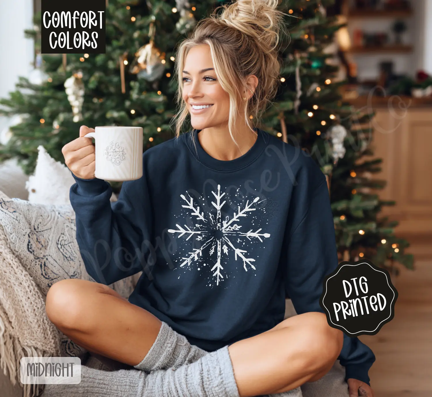 Splatter Snowflake Comfort Colors Long Sleeve T-Shirt, Cute Women's Christmas Tee