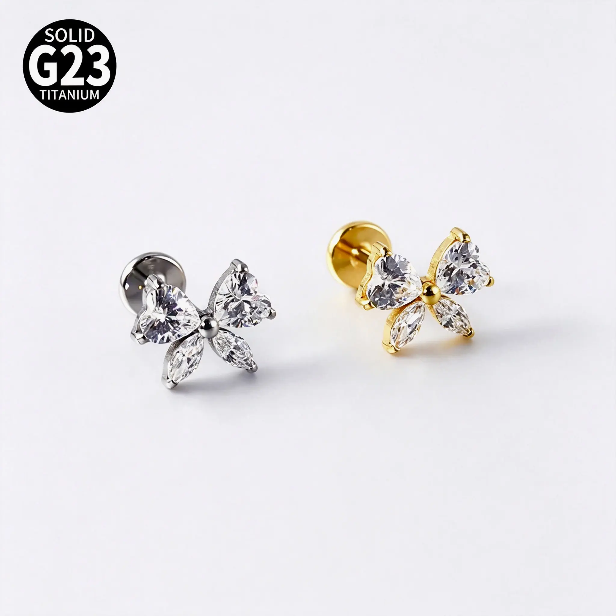 Unisex Implant-Grade Ti 16g Hypoallergenic Titanium Stud Earrings, 8mm Bar, Butterfly Shape with Cubic Zirconia Bow, for Daily Wear, Everyday Wear