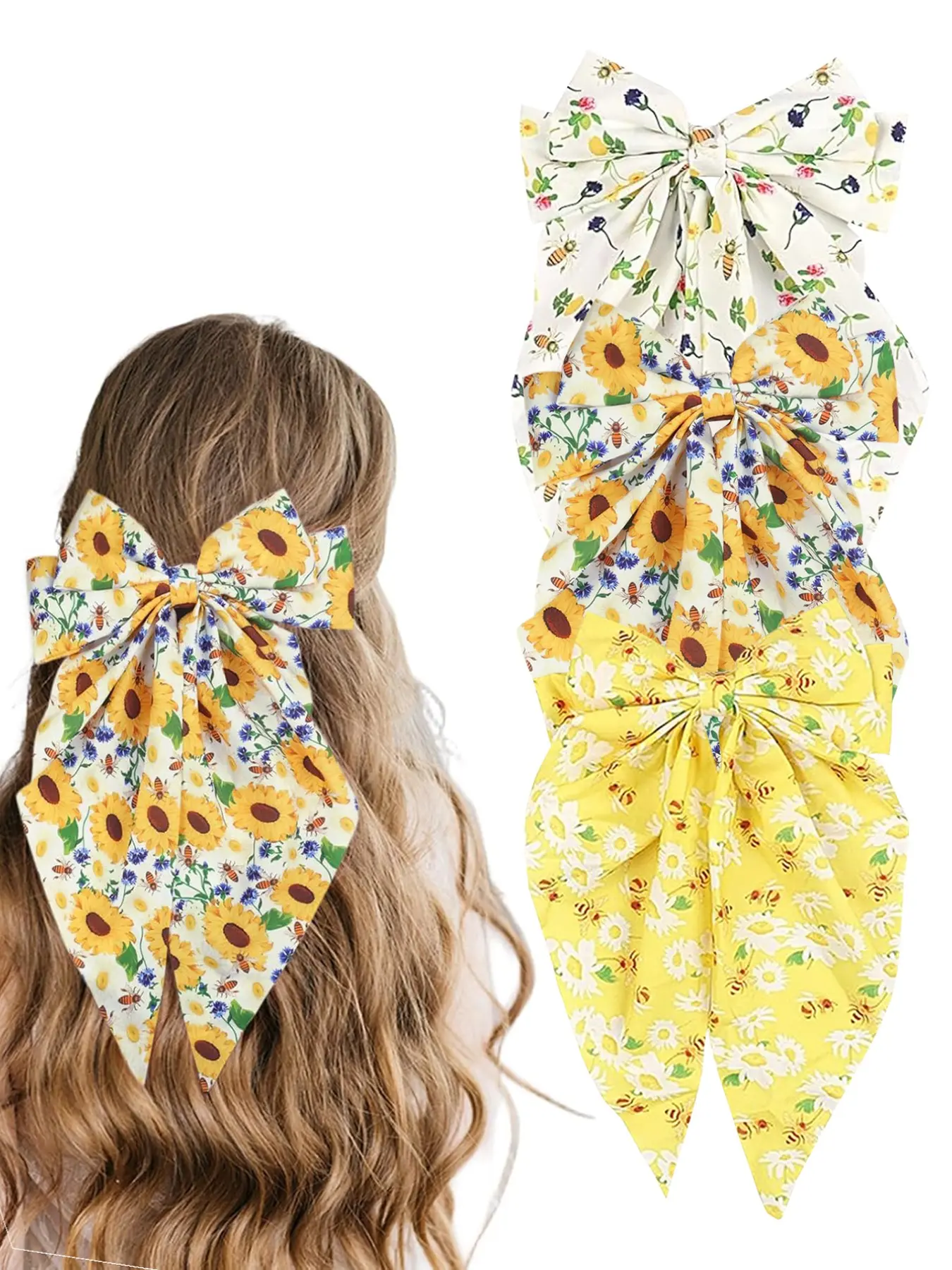 3pcs Sweet Sunflower Bee Print Bow Tie Hair Clips, Spring Summer Fabric Elastic Hairpins, Daily Beach Vacation Use, Barrettes Hair Clips, Bowknot
