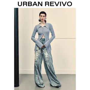 URBAN REVIVO Women's Distressed Knit Cardigan - UWA940021 Casual Outfit 2025 Women Clothing Girl Elegant Fashion Trendy and Versatile OOTD