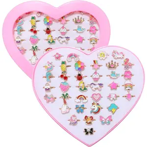 L-GRW001 36pcs Little Girl Jewel Rings, Adjustable Unicorn Rings props, No Duplication adults and Kids Play Ring in Box,Dress Up for 4-12 Year Old Girls, Birthday Christmas Valentine's Day Holiday Gifts