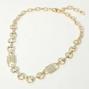 14K Gold Plated CZ Stone Paved Lock Accent Horsebit Chain Link Necklace