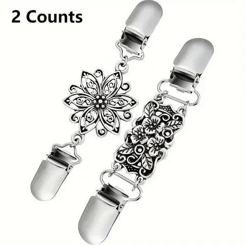 Vintage Style Flower Shaped Shirt Clips, Pin Clip, Floral Pins, 2 Counts Cardigan Collar Clips Set, vintage craftsmanship unique metal material versatile Fashionable Sewing Accessories for Women Clothings Decoration