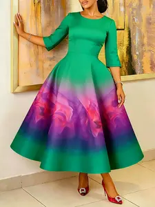 Women's Fashion Elegant Gradient Abstract Print Seven-Quarter Sleeve Waist Cinching A-Line Long Dress