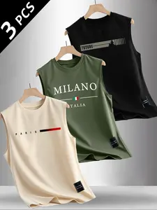 Men's Summer Casual Tagless Sleeveless Vest, Letter Pattern Print, Outdoor Sports Wear, Workout Vest, Daily Versatile, 3 Pack