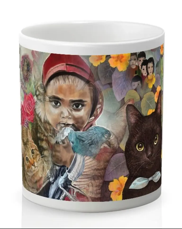 Cat Friends: Custom Art Cup by 'Hayriya Sevimli' : 11 ounce ceramic coffee cup