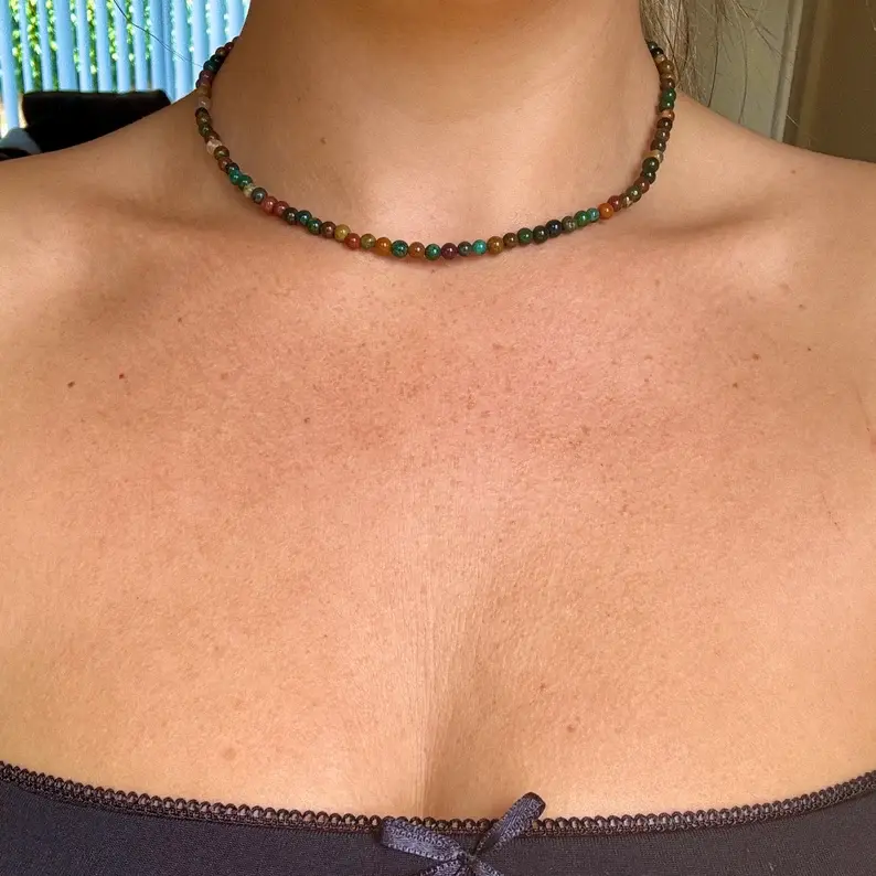 Natural Ocean Jasper Round 4mm Beaded Choker Necklace Healing Energy Reiki Crystal Minimalist Boho Women's Jewelry Gift