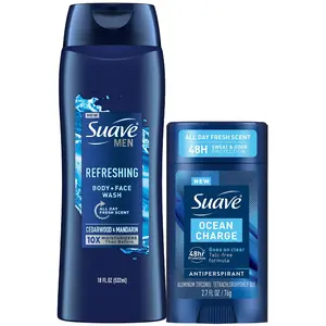 Suave Men’s Body Wash, Refresh + Invisible Solid Ocean Charge Antiperspirant Deodorant Stick, 48H Sweat & Odor Protection (2 Piece Set)
