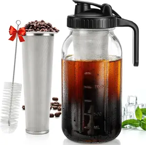 Cold Brew Coffee Maker Pitcher, 64 oz Iced Coffee Maker with Filter and Pour Spout Handle Lid, Thick Glass Mason Jar for Iced Coffee, Lemonade