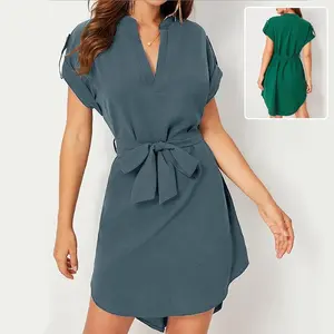 V-Neck Short Sleeve Dress with Belt Elegant Slim Fit Bowknot Dress for Women Chic Summer Fashion Mini Dress instant tea