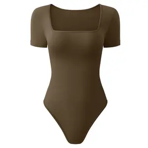 Seamless Micro Ribbed Squareneck Short Sleeve Bodysuit Casual Fit plain elegant