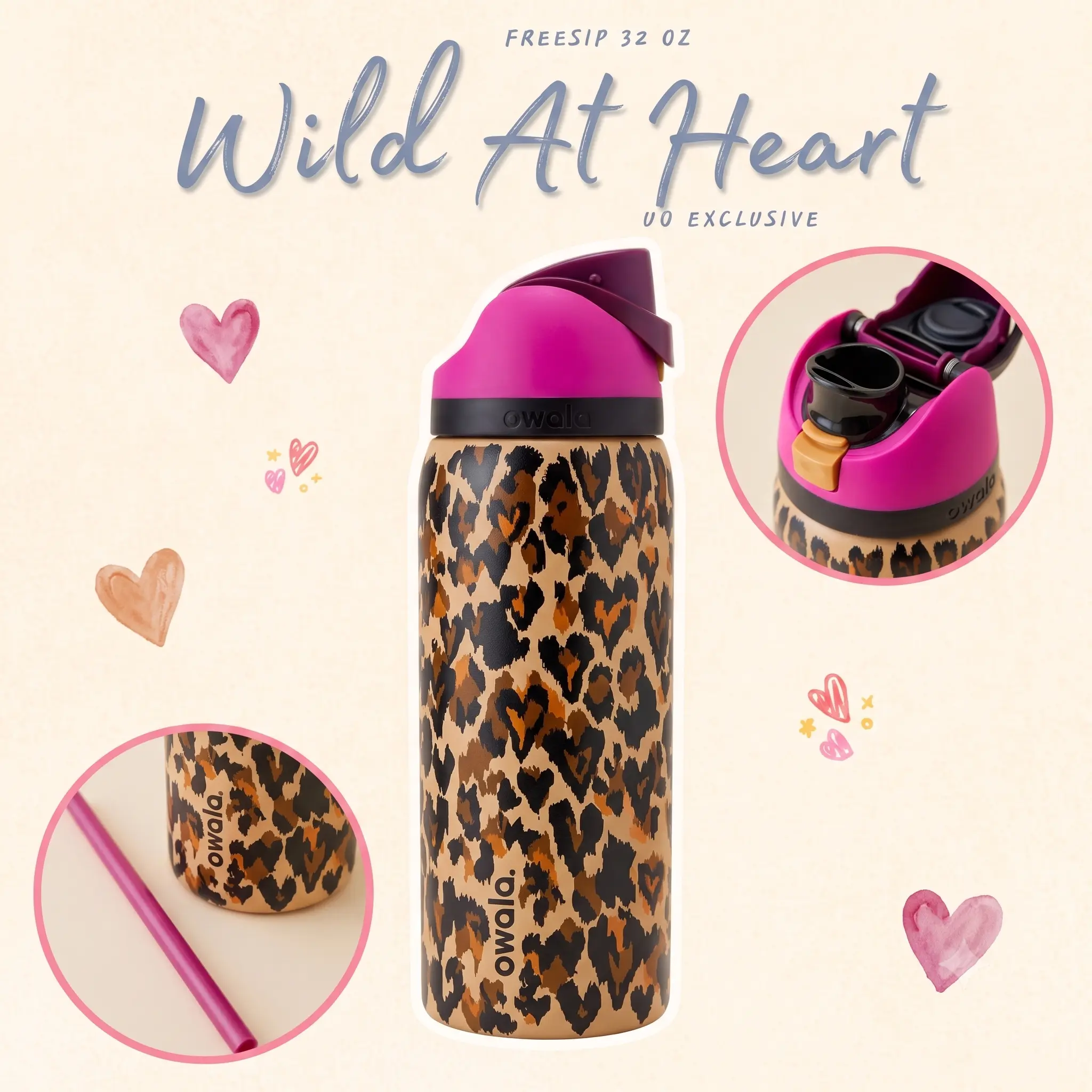 Owala FreeSip Insulated Stainless Steel Water Bottle, 32 oz, Wild At Heart
