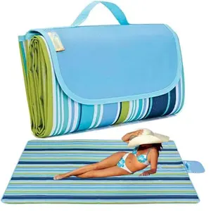 Beach Blanket Large Picnic Blankets, 80x80in Sandproof Beach Mat for 2-4 Adults Waterproof Quick Drying Outdoor Picnic Mat for Travel Camping Hiking Festival Park Lawn (Dark Blue Plaids)