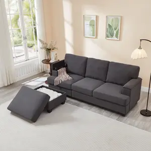 86"L-Shaped Sectional Sofa with Storage Ottoman – Linen Fabric Couch with Hidden Storage, Solid Wood Frame, Movable Chaise Lounge, Easy Assembly Living Room So L Shaped Sofa with Movable Ottoman & Storage Linen Sectional Couch for Small Living Room - Gray