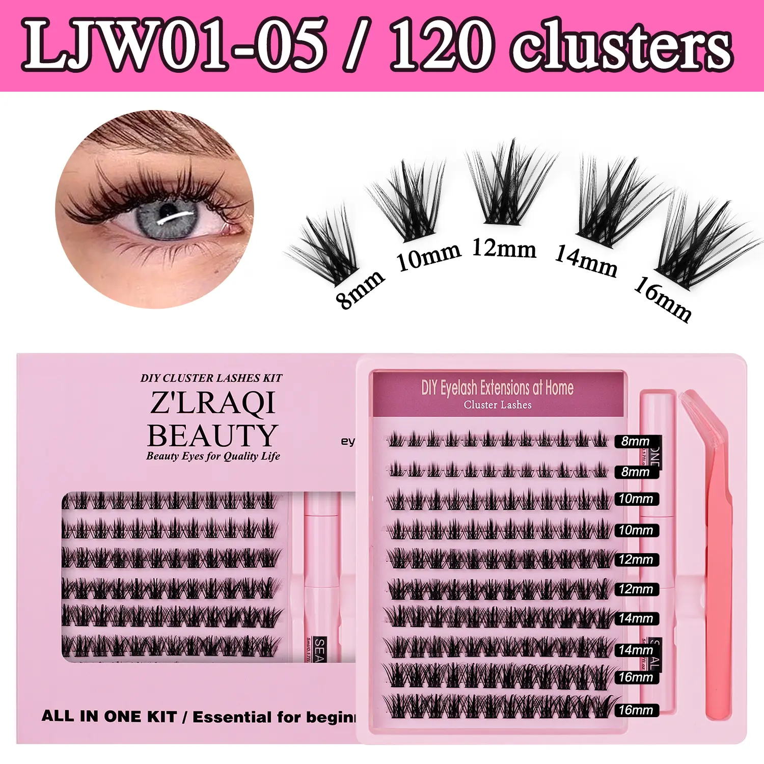 Prettyandme |Glam Volume Cluster Lashes |120 Clusters | Full Gradient Sizes | 3D Mix Ethnic Eye Look