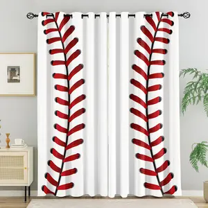 Baseball Stitch Print Blackout Grommet Curtains, Minimalist Sports Theme Window Drapes for Boys Bedroom, Man Cave, Baseball Fan Home Decor, 2 Panels