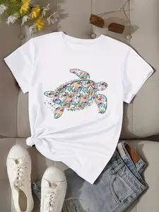 Plus Size, Women's Casual Summer T-Shirt with Vibrant Sea Turtle Print - Short Sleeve, Round Neck, Fabric, Lightweight & Breathable, Perfect for Beach or Casual Attire, Beach Attire | Playful Print | Lightweight Shirt
