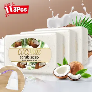 3Pcs - Coconut Scrub Soap, Handmade Soap, Skin care soap, Clean Hair And Body Skin, Low Allergenicity, Combination Packaging Suitable For The Whole Family, Independent Packaging Design, Convenient For Travel And Business Use, Send Bubble Net -100g