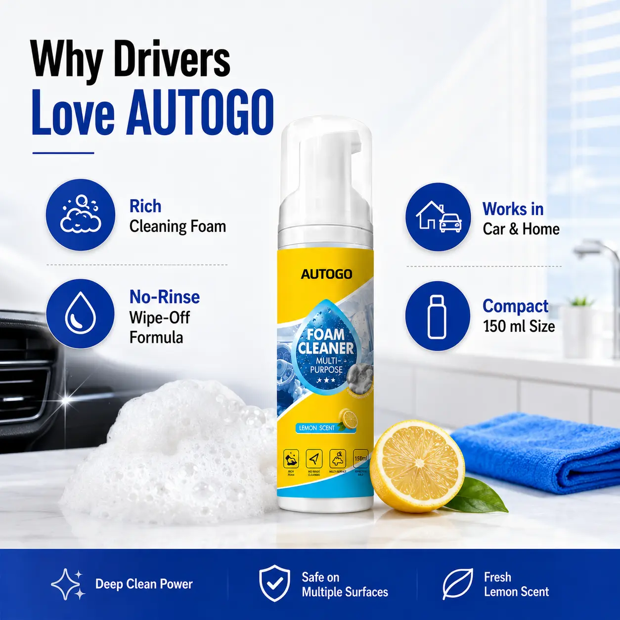 Foam Cleaner for Car Interior & Home – Multi-Surface, Rich Foam, No-Rinse Cleaning, Leather, Plastic, Fabric, 150ml with Sponge & Microfiber Cloth, Lemon Scent