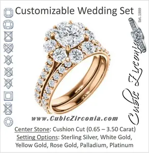CZ Wedding Set, featuring The Temeka engagement ring (Customizable Cathedral-Cushion Cut Style featuring Large-Accent Floral Cluster Halo and Thin Pavé Band)