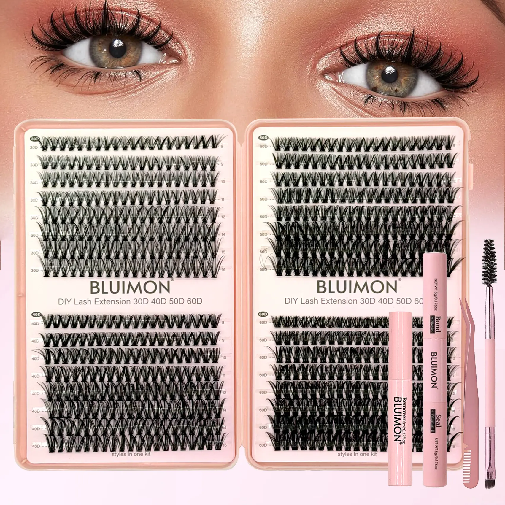 640 Pcs Lash Clusters Kit, Eyelash Clusters Individual Lash Extension Kit D Curl Fluffy Wispy False Eyelashes Extensions Thin Band with Bond Seal Tweezers Brush Removers (30D+40D+50D+60D KIT 8-16mm)