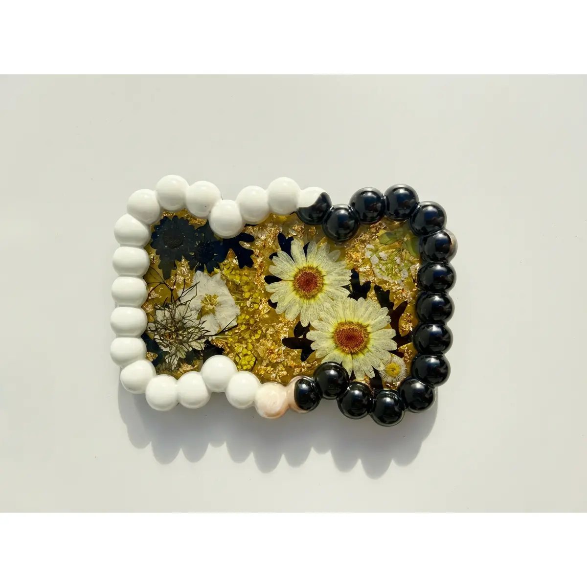 Beaded Edge Resin Jewelry Tray with Pressed Flowers - Black + Gold