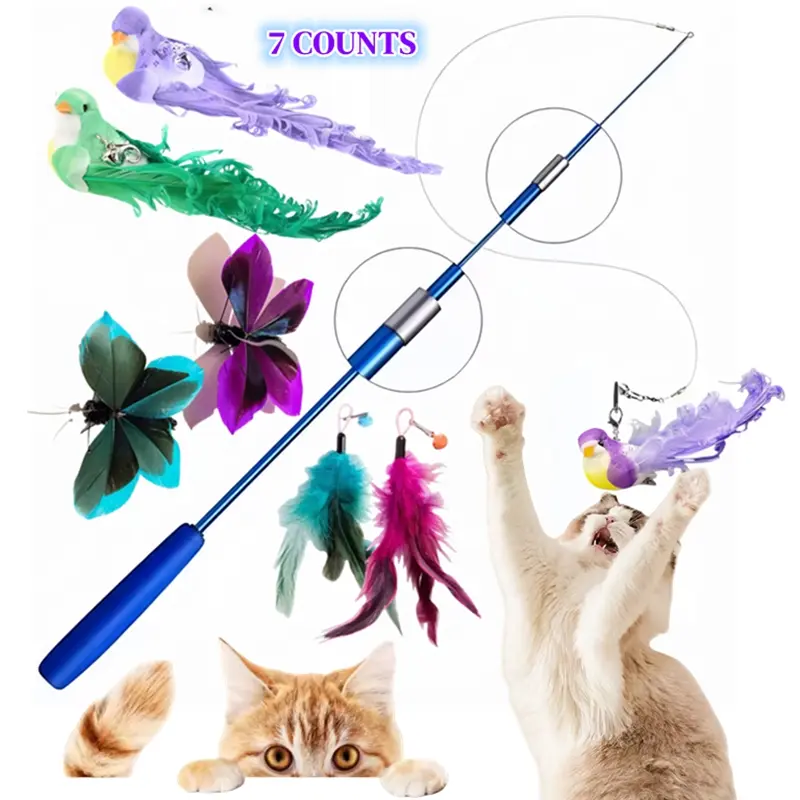 7-Piece Colorful Feather Cat Teaser Wand Set, Interactive Kitten Wand, Interactive Stretchable Fishing Rod Cat Toy, Fun Playtime for Cats