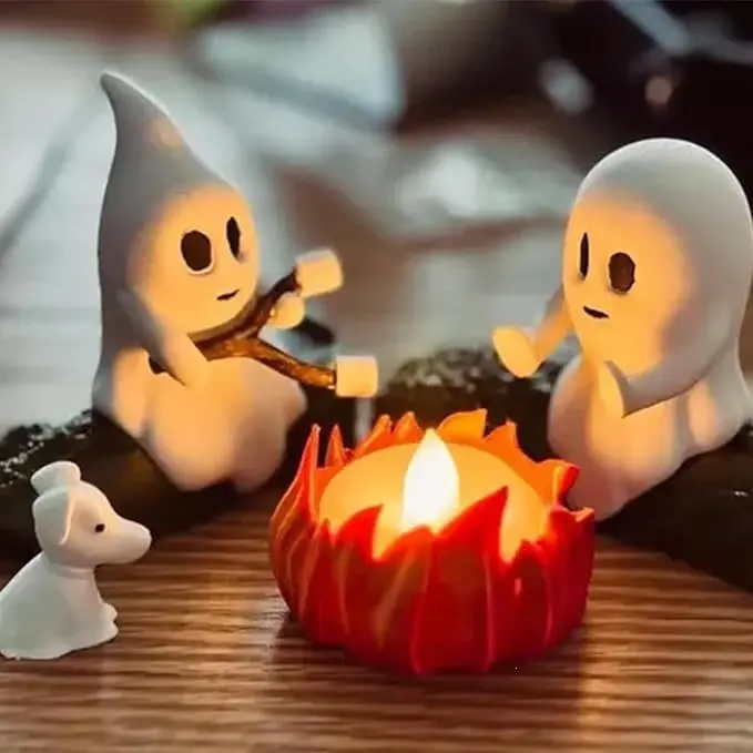 Halloween Ghost Bonfire Night Light – Resin LED Tea Light with Cute Ghost & Ghost Dog/Cat, Flameless Flicker Warm Glow, Spooky Cute Table Decor for Bedroom Living Room, Halloween Gift for Kids Adults