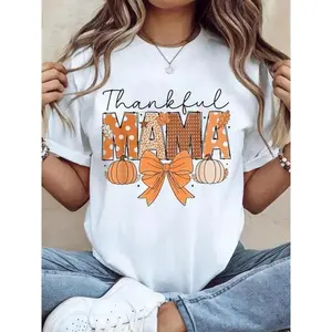 100% Cotton Thanksgiving Graphic Women T Shirt Thankful Mama Coquette Fall Pumpkin Spice Thanksgiving Women T-Shirt