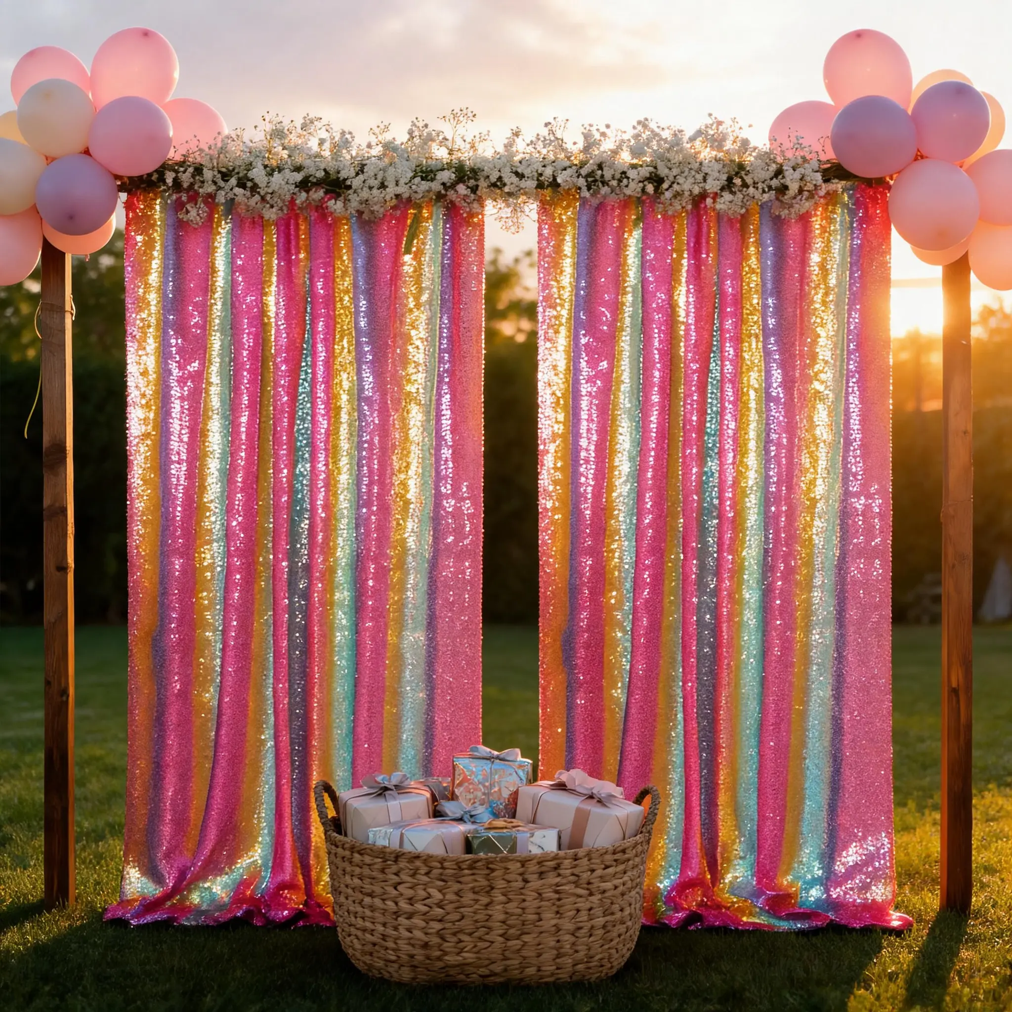 Rainbow Sequin Cloth Backdrop Curtain, 2 Panels, 4ftx8ft Portable Festive Backdrops & Banners for Wedding, Birthday Event Decor