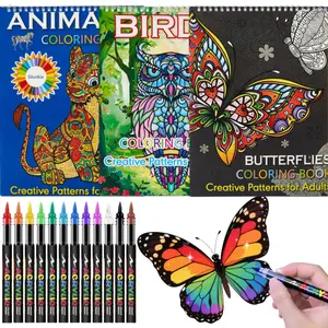 Birds Animals Mandala Butterfly Coloring Book Set - Creative Patterns - With 12 Colors Acrylic Markers Stress Relief & Relaxation,Coloring Books for Adults to Relax and Relieve Anxiety - Top Spiral Binding is Easier to Use