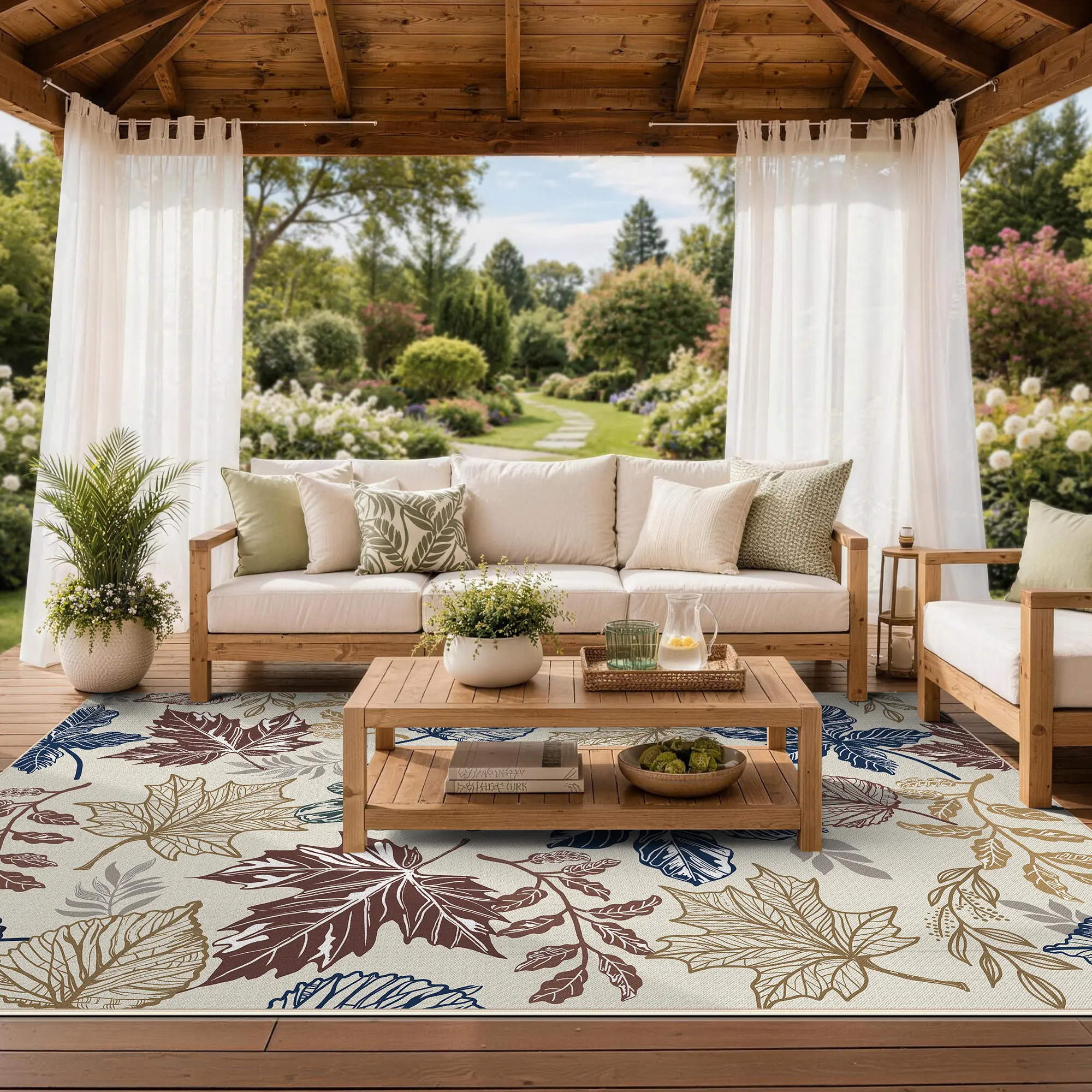UKISS Foldable Tropical Rustic Leaf-Inspired Washable Non-Slip Portable Area Rug - 5'x8', 8'x10' Sizes, Clearance Sale, Ideal for Patios, Indoor-Outdoor Plant-Friendly Use