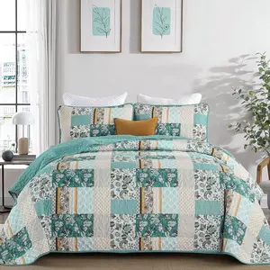 Summer Quilt Set  Size 3 count, Teal Patchwork Plaid Bedspread Coverlet Set, Floral Soft Lightweight Microfiber  Set for  Season(96"x90")