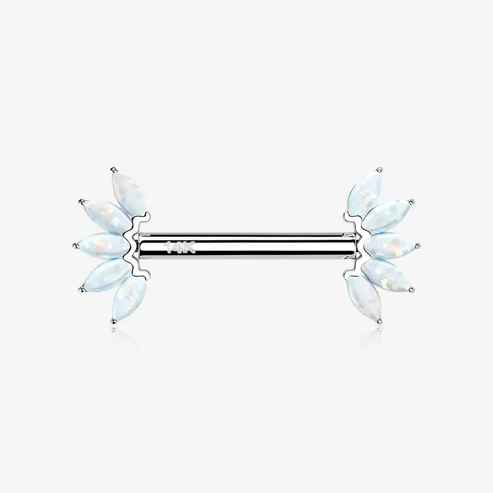 A Pair of 14 Karat White Gold OneFit™ Threadless Marquise Fire Opal Floral Nipple Barbell