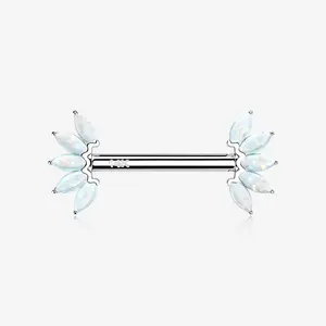 A Pair of 14 Karat White Gold OneFit™ Threadless Marquise Fire Opal Floral Nipple Barbell