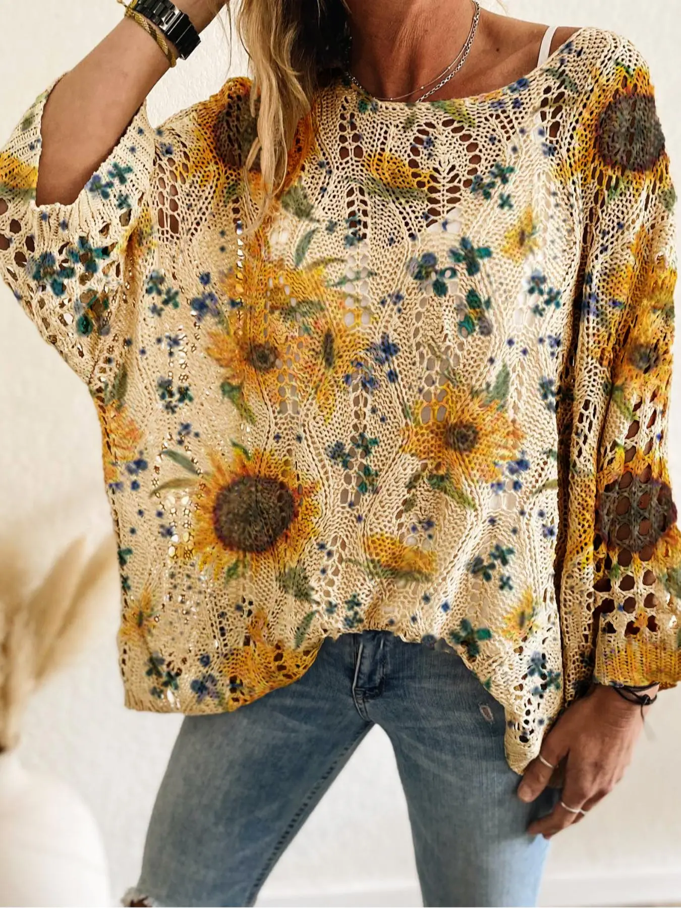 Women's Sunflower Print Crochet Sweater, Boho Casual Batwing Sleeve Knit Floral Top for Beach Vacation Holiday, Ladies Clothes for Summer, Casual Pullover Top, Womenswear, Knitwear, Lightweight Knit Sweater, Knit Sweater Tops, Batwing Sleeve Pullovers