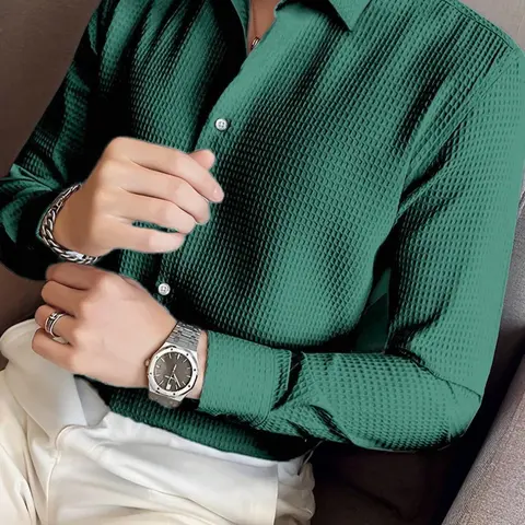 Men's High-End Textured Long Sleeve Shirt, Spring & Fall Luxury Business Casual Plain Collar Dress Shirt, Fitted Unlined Top