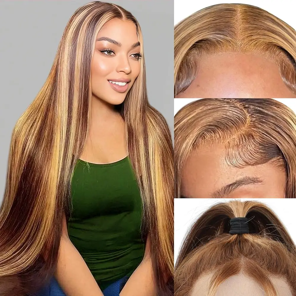 【30 Inch Only $109】Highlight Ombre Lace Front Wig Human Hair 30 inch 13x6 Straight/Body Wave/Deep Wave Highlight Wig Human Hair 4/27 Colored Honey Blonde HD Lace Frontal Wigs For Women Glueless Pre Plucked with Baby Hair