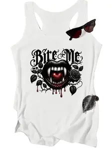 Gothic Fangs Black Rose Heart Graphic White Racerback Tank | Dark Punk Style Womens Sleeveless Top
