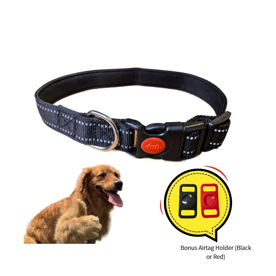 Reflective Dog Collars - Adjustable Pet Collars with Buckle Safety Lock, Metal Ring, 3 Sizes & Air Tag Holder for Safe Dog Walking, Reflective Collars