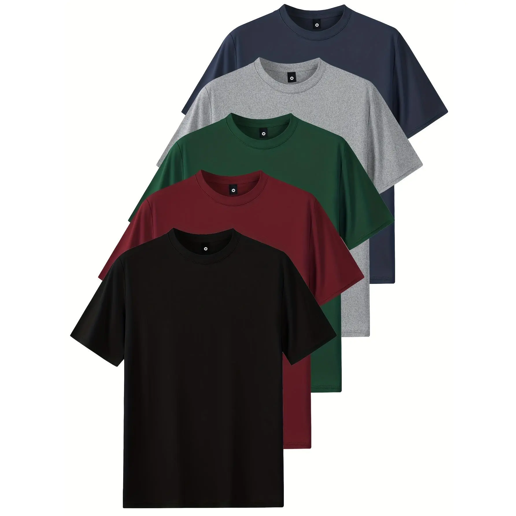 Men's 5-Pc Cotton Short-Sleeve T-Shirt Set - Crewneck (Round Neck), Solid Plain, Ribbed, Soft Breathable Fabric, Casual Streetwear Menswear Basics Tops