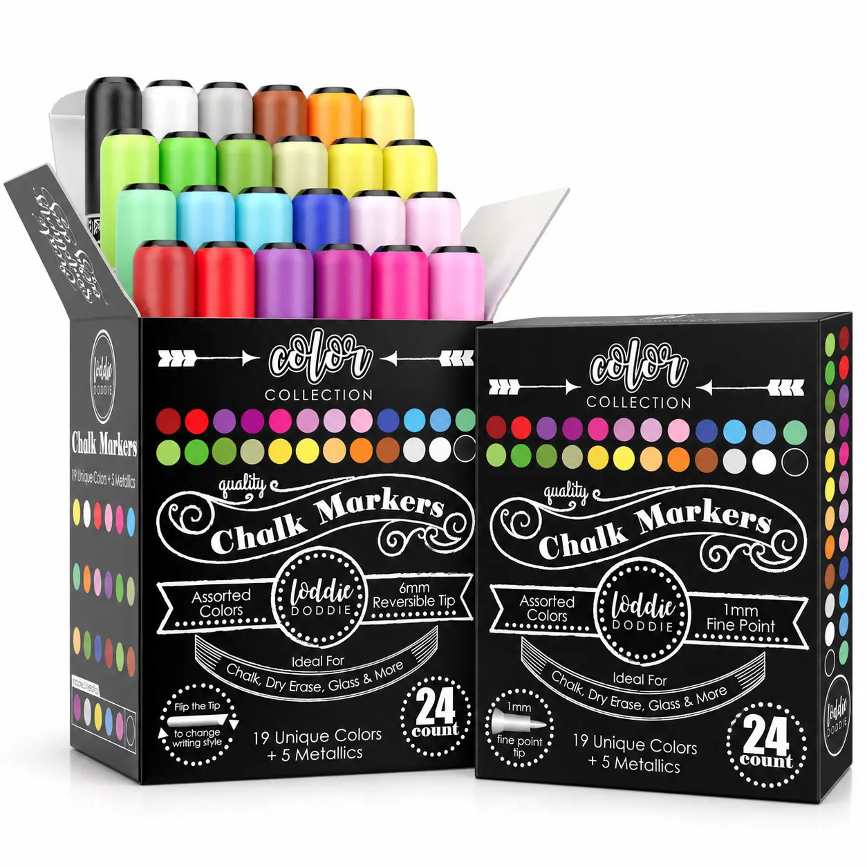 Loddie Doddie | 48ct Liquid Chalk Marker Kit – 24 Reversible 6mm Tips + 24 Fine 1mm Tips
