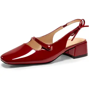 Coutgo Womens Mary Jane Shoes Slingback Chunky Low Heels Bow Closed Square Toe Pumps Wedding Party Dress Shoes