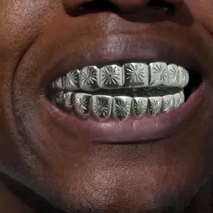 Unisex 2pcs Multi-Pack 12-Tooth Funky Snowflake Engraved Cosmetic Grillz, Oral Synthetic Zirconia Copper Hip Hop Teeth Jewelry, Fashion Body Costume Accessories