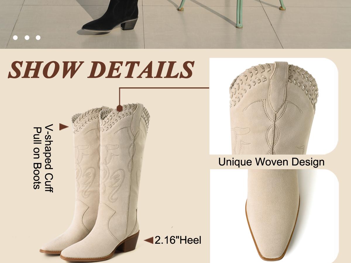 Cowboy Boots for Women Embroidered Woven Knee High Cowgirl Boots Square Toe Chunky Heel Pull On Country Boots