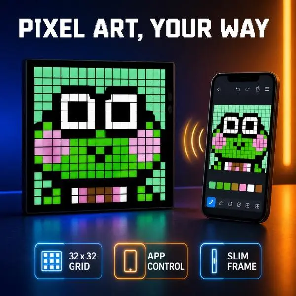 LED Pixel Art Digital Frame 32x32, Custom Text and Animation Display for Desktop and Gift Giving