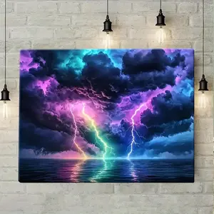 1pc Large Wall Art Canvas Painting - Lightning Storm Thunder & Lightning Over Dark Blue Purple Pink Green Ocean, 0.89inch Thick Wood Frame, Vibrant Wrapped Canvas Poster for Living Room, Bedroom, Office Decor -	